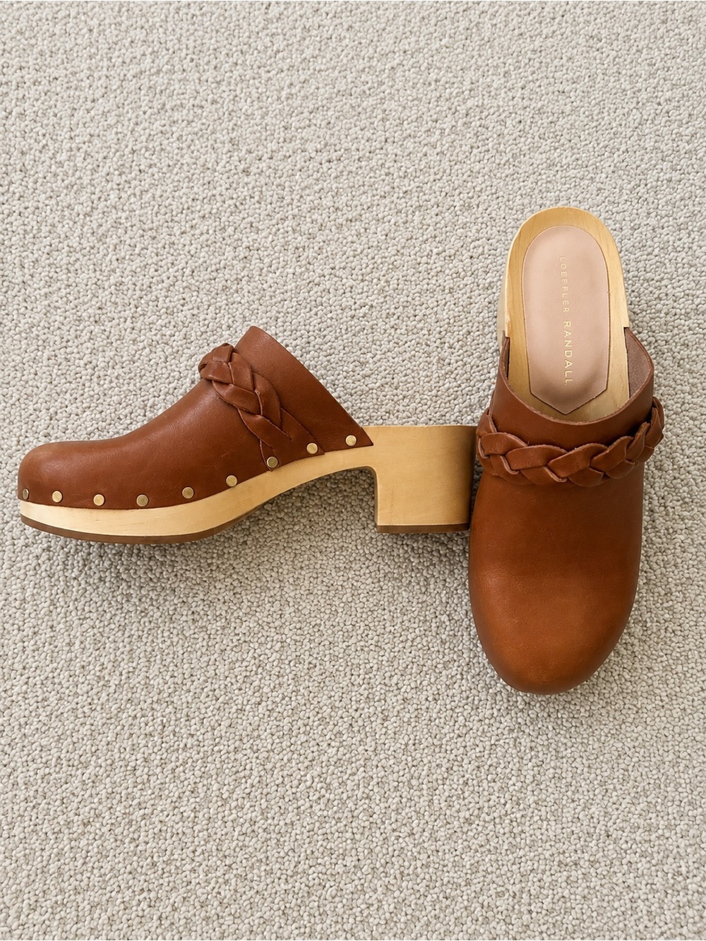 Loeffler Randall Braided Leather Wooden Clog Mules Brown Size 8